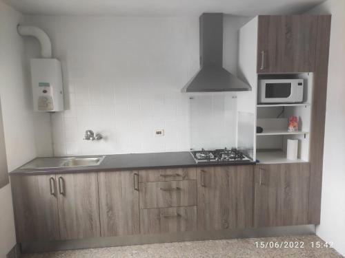 博伊罗A Casa do Lolo的厨房配有木制橱柜、水槽和微波炉