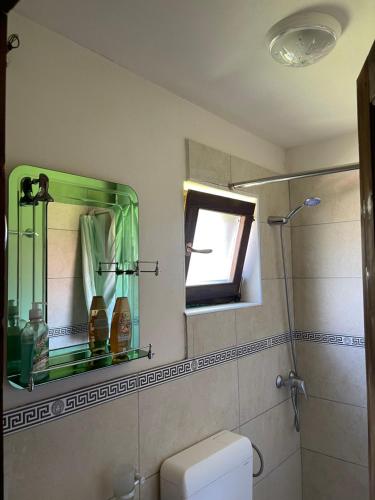 泰斯Thethi Paradise Hotel & Restaurant的一间带绿色镜子和卫生间的浴室