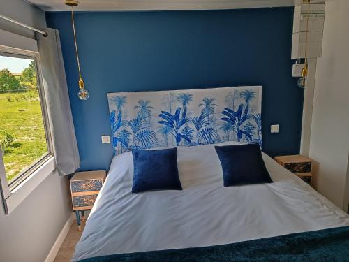 鲁伊萨塞Domaine bulle étoilée的蓝色卧室,配有带2个蓝色枕头的床