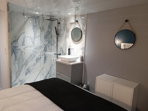 鲁伊萨塞Domaine bulle étoilée的浴室设有1张床、淋浴和镜子