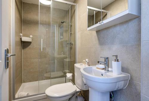 斯托克波特Entire 1 bed apt in the centre of Stockport的浴室配有卫生间、盥洗盆和淋浴。