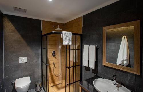 特拉布宗GÜRSOY EXCLUSIVE HOTEL的带淋浴、盥洗盆和卫生间的浴室