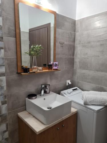 古卡斯特隆Olivar Suites的一间带水槽、卫生间和镜子的浴室