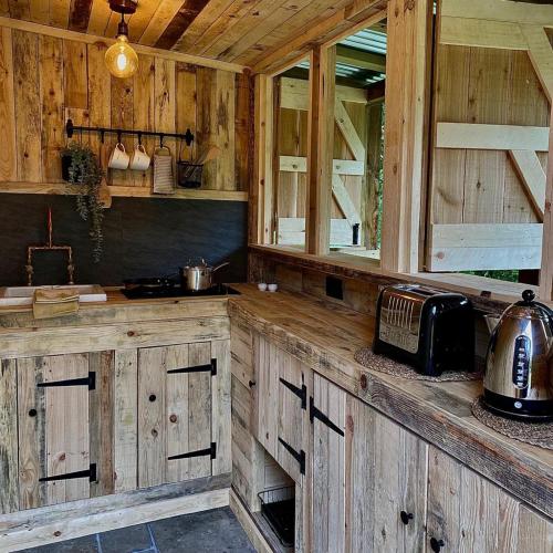 蒙默思Bee Bole Cabin的厨房配有木制橱柜和台面