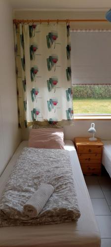 帕特雷克斯菲厄泽Ægisholt privete house with hot tub的一间卧室配有床和带窗帘的窗户