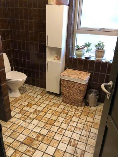 兰伯尔Maren's apartment on Randbøl Heath的一间带卫生间的浴室和瓷砖地板。