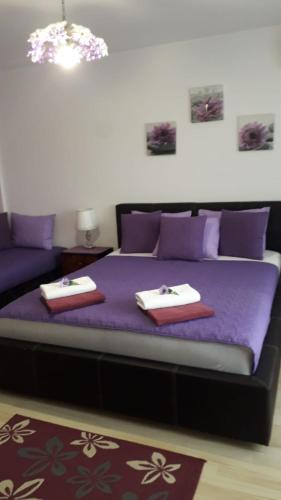 大格拉迪什泰Apartmani Cirkov的一间卧室配有一张紫色床、紫色床单和枕头