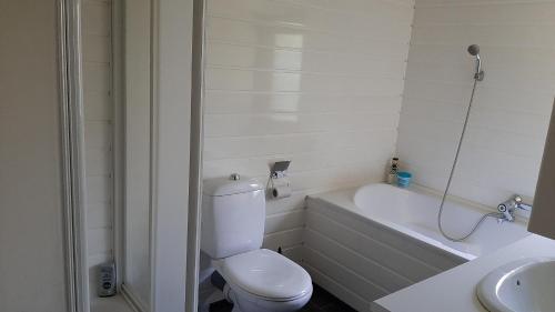 ScherpenisseBungalow de Pluumpot的白色的浴室设有卫生间和浴缸。