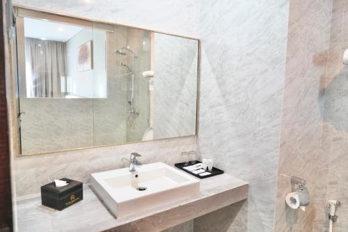 索龙Rylich Panorama Hotel的一间带水槽、镜子和淋浴的浴室