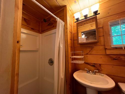 乔治湖English Brook Cottages的一间带水槽、卫生间和镜子的浴室