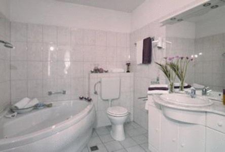 特里费尔斯山麓安韦勒L安提卡鲁塔-祖姆阿尔特瓦瑟瑞德酒店的带浴缸、卫生间和盥洗盆的浴室