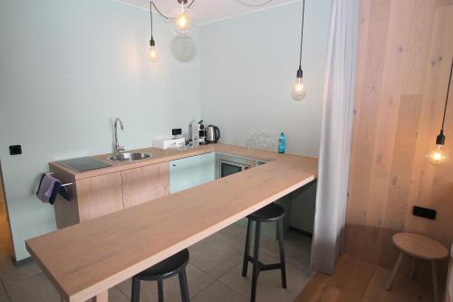 阿舍贝格Junior-Suite am Plönersee的一间厨房,内设木制台面
