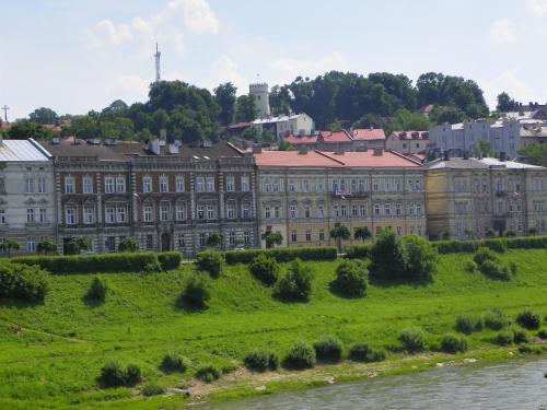 普热梅希尔Pokoje Gościnne的一座大型建筑,在河边有一个绿地