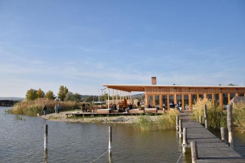 约伊斯Seevilla Matilda direkt am Ufer的水体旁的一座有码头的建筑