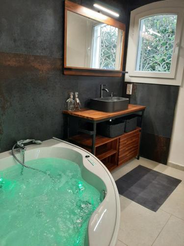 阿格德角VILLA RASOA chambre LOVE的带浴缸的浴室和水槽