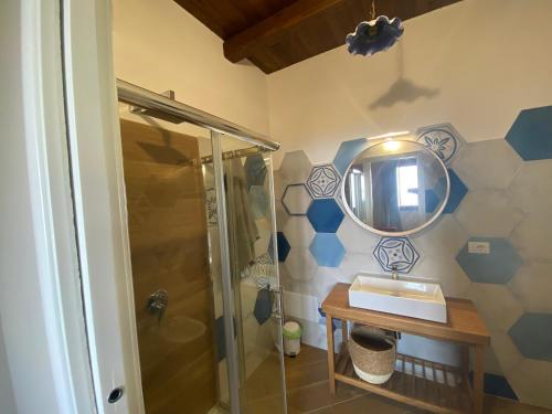 蒙泰科里切Tenuta Belvedere Cilento的带淋浴、盥洗盆和镜子的浴室