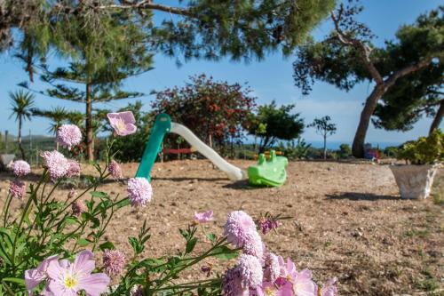 Ágios NikólaosPine tree Apartment & sunset的鲜花盛开的公园里带绿地滚轮的游乐场