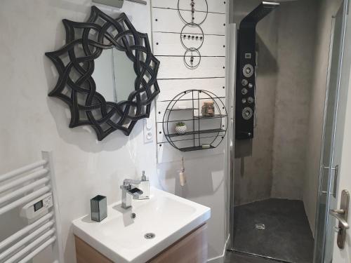 多勒Tour de Lacuzon的一间带水槽、镜子和淋浴的浴室