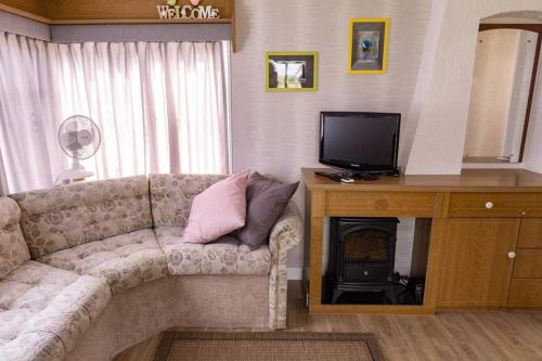 乌涅尤夫Uroczysko Warta的带沙发、电视和壁炉的客厅
