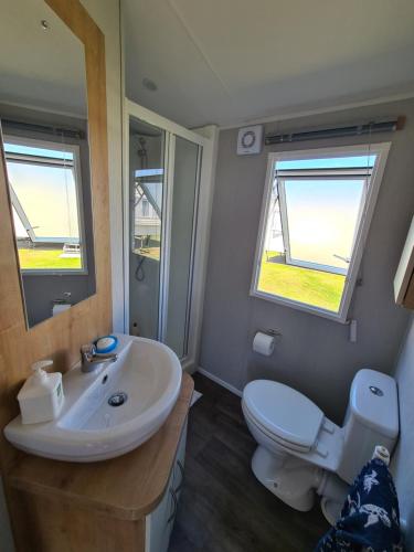 塞尔西Seaside Holiday Home Inside a Resort的一间带卫生间、水槽和镜子的浴室