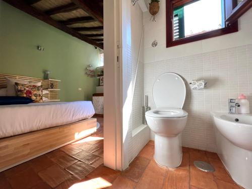 罗马Rooftop Boho Loft Spanish Steps的浴室设有床、卫生间和水槽。