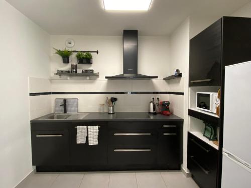 布吕兹Appartement familial tout confort - 3 chambres, grande terrasse privative - Vert Buisson - Bruz的厨房配有黑色橱柜和水槽