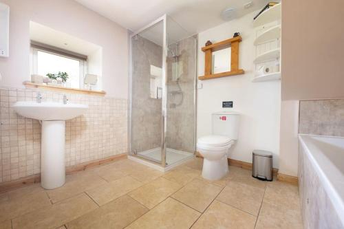 奈恩Cosy & rustic retreat - Woodland Cottage.的浴室配有卫生间、盥洗盆和淋浴。