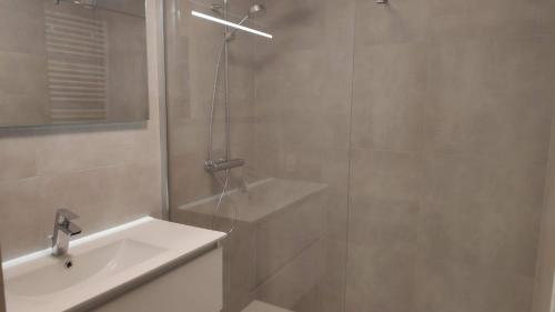 布列登Blutsyde Promenade Encanto的带淋浴和白色盥洗盆的浴室