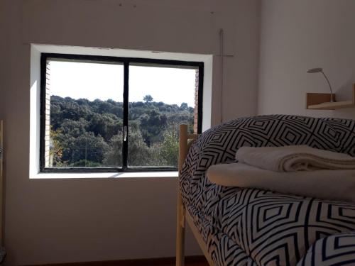 ValdeobispoAlbergue Alagón Natura的客房设有窗户和一张享有美景的床。