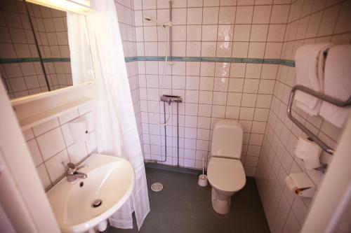 诺拉Nyhyttans Kurort的一间带水槽、卫生间和淋浴的浴室