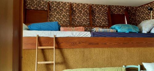MeillerieChâlet vue lac Léman à 1000 mètres d altitude的一间卧室配有两张双层床和蓝色枕头