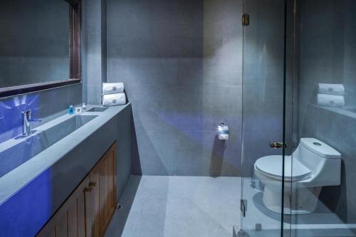 墨西哥城Hotel Parque España的一间带卫生间和玻璃淋浴间的浴室