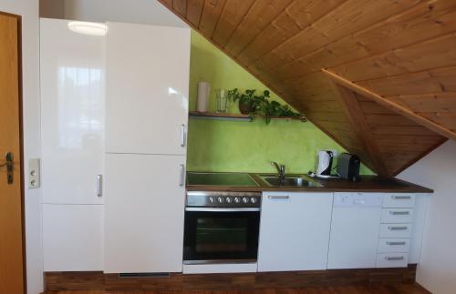 圣卡尼兹乔希公寓的厨房配有白色橱柜和木制天花板