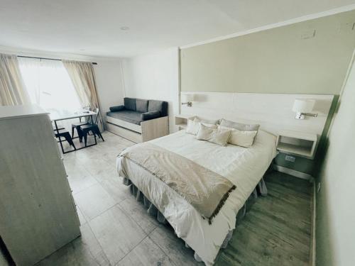 圣卡洛斯-德巴里洛切Antu Mahuida Apartments的一间卧室配有一张床、一张沙发和一张桌子