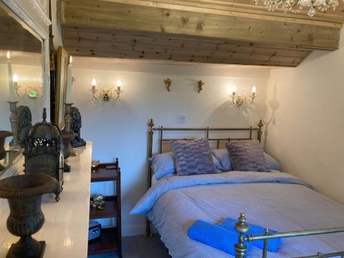 雷克瑟姆The Gin Palace with cosy logburner的一间卧室配有一张带蓝色枕头的大床
