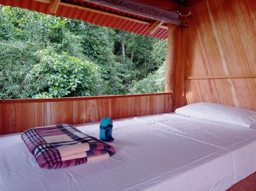 努基Lodge El Amargal - Reserva Natural, Ecoturismo & Surf的木制客房的一张床位,设有窗户