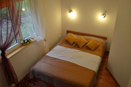 克拉斯诺布鲁德Leśny Zakątek的卧室配有带枕头的床铺和窗户。