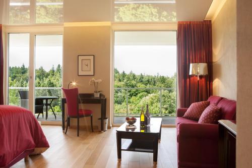 瓦尔德布龙仕维策尔公园酒店的客厅配有红色的沙发和桌子