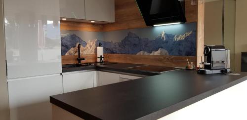 上施陶芬ALMI - Alpenglück Traumhafte Whg.m.20qm Dachterr.的一间厨房,里面设有黑色台面