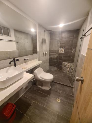 麦德林Hotel Suramericana的浴室配有卫生间、盥洗盆和淋浴。