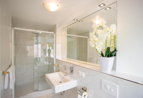北滩岛Gästehaus am Herrendeich的浴室配有盥洗盆和带镜子的淋浴