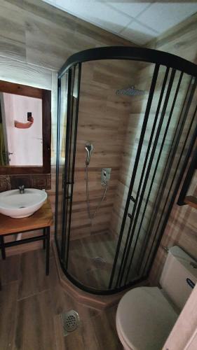 Smederevska PalankaMotel Castello的带淋浴和盥洗盆的浴室