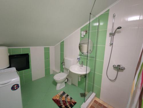 卡梅纳里Montenegro Colors的绿色和白色的浴室设有卫生间和淋浴。