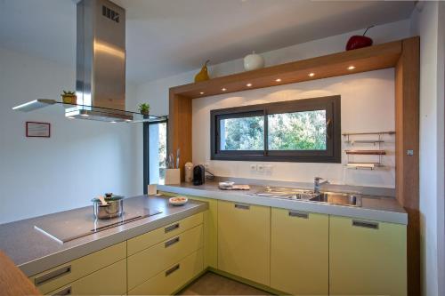 卢米奥Villa U Spanu的厨房配有黄色橱柜、水槽和窗户。