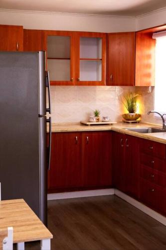 阿拉德שמילה אירוח 2的厨房配有木制橱柜和不锈钢冰箱。