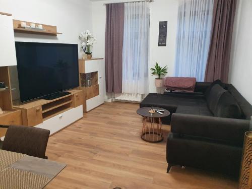 安娜贝格-布赫霍尔茨Da Rebelo (Ferienwohnung)的客厅配有黑色沙发和平面电视。