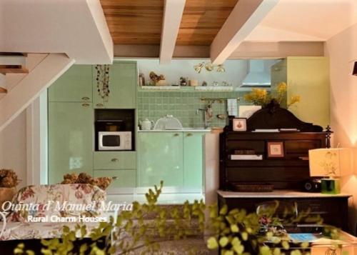 阿马兰特Quinta D`Manuel Maria- Rural Charm Houses的一间厨房,配有绿色的橱柜和微波炉