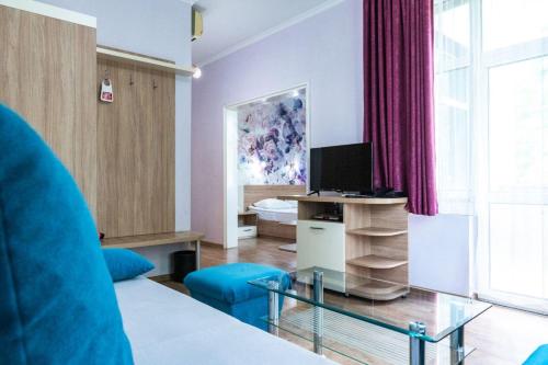 旧扎戈拉艾者若特酒店的客厅配有蓝色的沙发和电视