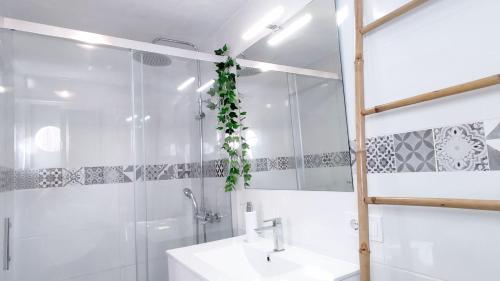 托雷德尔马尔Atico del Mar的浴室设有水槽和植物淋浴