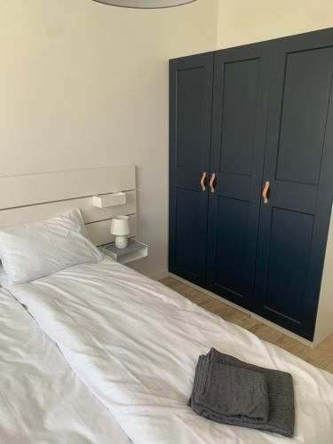 弗罗茨瓦夫Gdańska Duo的一间卧室配有一张白色床和蓝色橱柜。